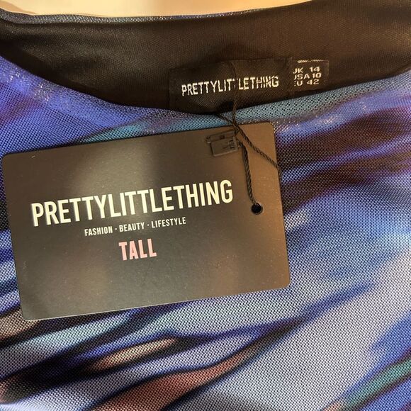NWT PrettyLittleThing Tall BlueTextured Print Mesh CutOut Front Bodycon Dress 10 - Picture 3 of 16